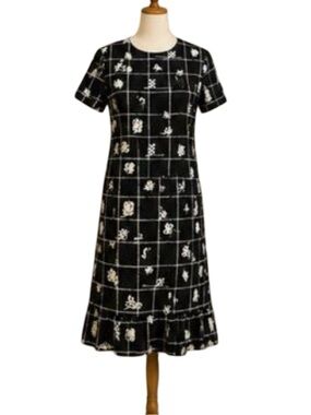 1980s Gene Roye Dress Size 12 Black White Grid Floral Cotton Made in USA Vintage